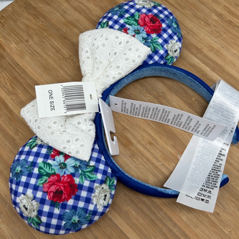 New Gingham Cottage Checker Floral Minnie Mouse Bow Ears Headband Disney Parks - Picture 3 of 5